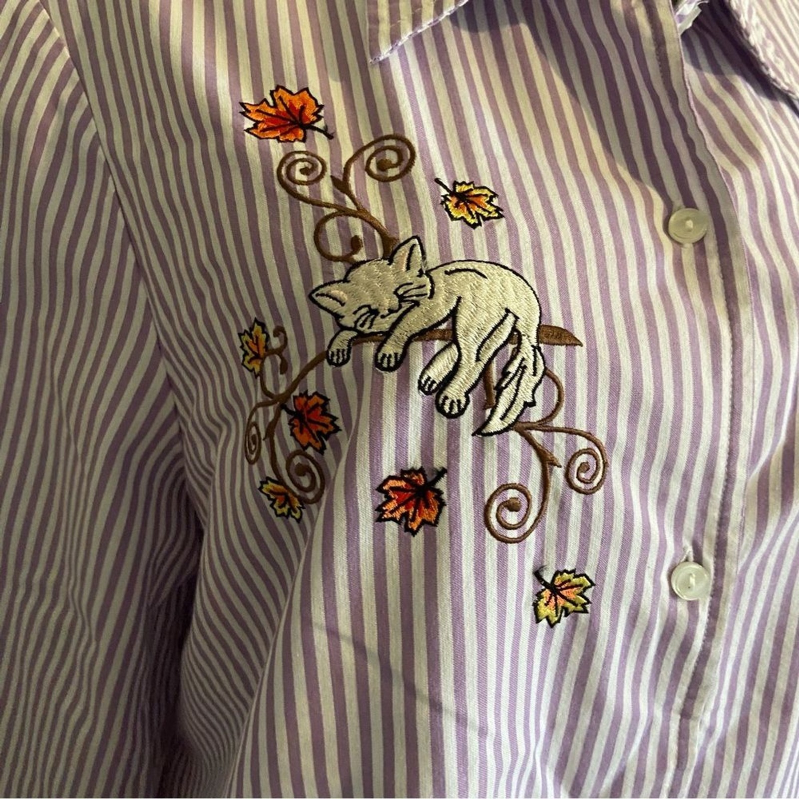 Blair Cat Pinstriped Shirt 3/4 Sleeve Oversized XL Lavender Kitty Leaves Teacher
