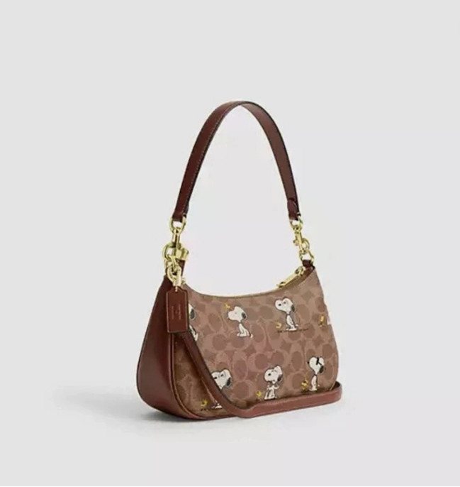 COACH x PEANUTS Teri Shoulder Bag Tan Brown Snoopy Print Signature Canvas CBJ88