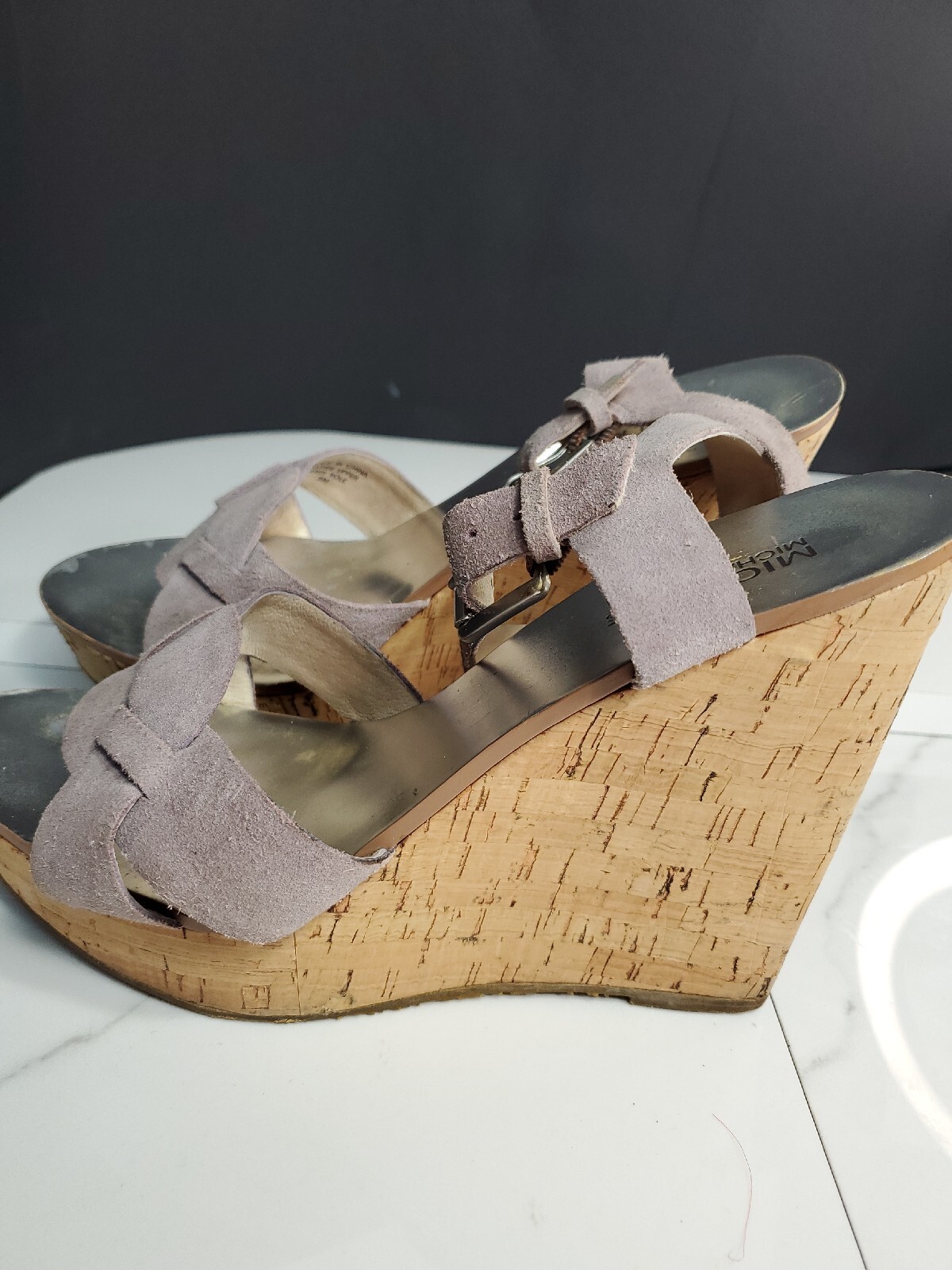 Michael Kors Strappy Leather Peony Pink 4.8″Heels Wedge Corks Bottom Sandal 8M