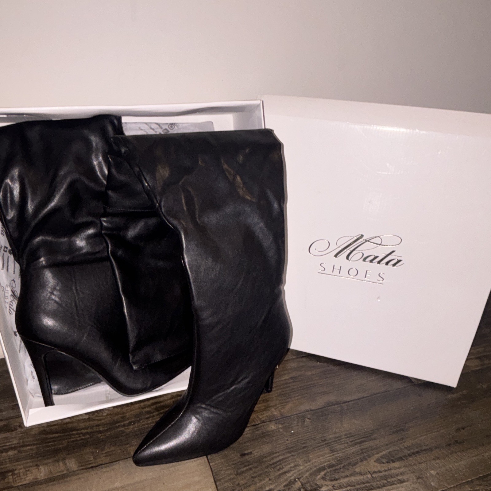 Mata Shoes Women’s US 9 Black Leather Mid-Calf Pointed Toe Stiletto Zip