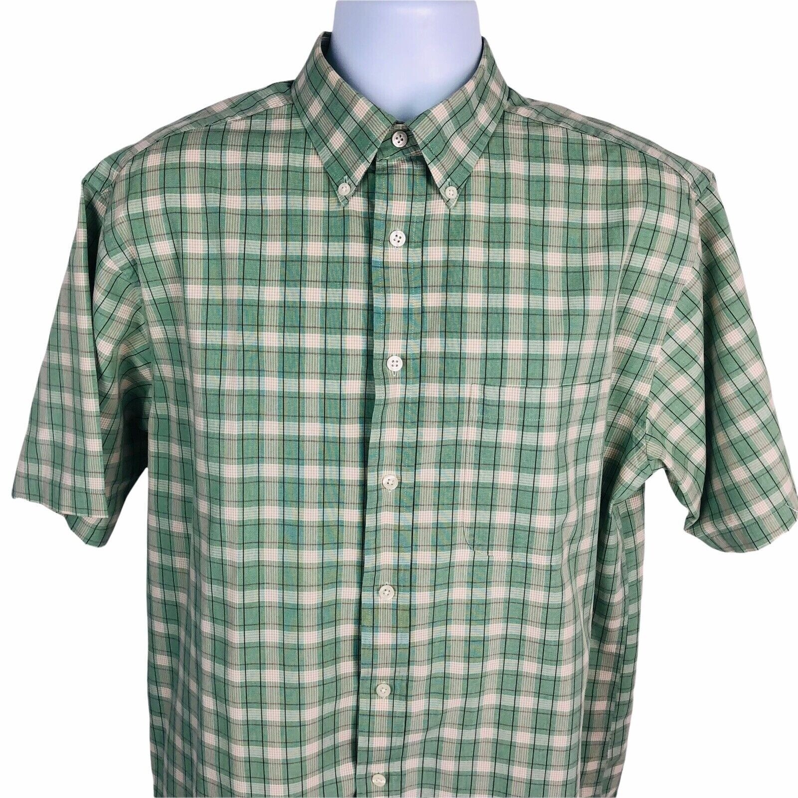 Roundtree & Yorke Men’s Shirt L Large Button Down Green Beige White Plaid Cotton