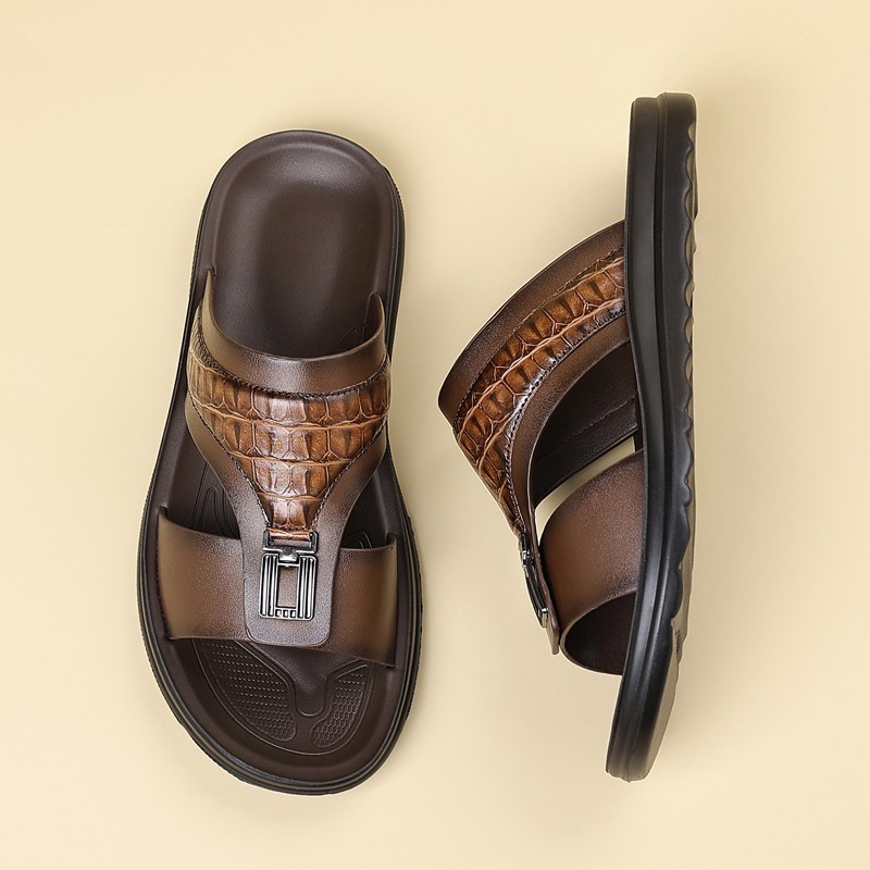 Men’s Croc-Embossed Slide Sandals, PU Leather, Comfort Non-Slip Rubber Sole