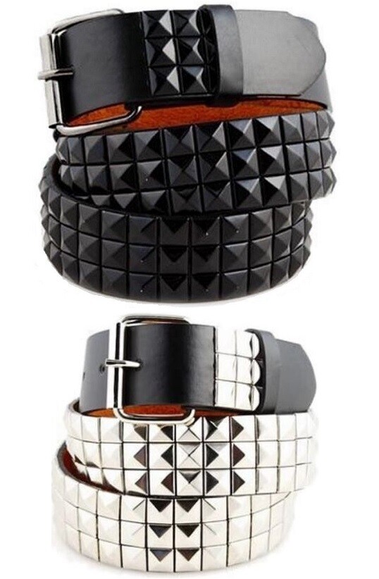 Studded Leather Belt Mens Womens Unisex 3-Rows Metal Pyramid Punk Rock Goth Emo