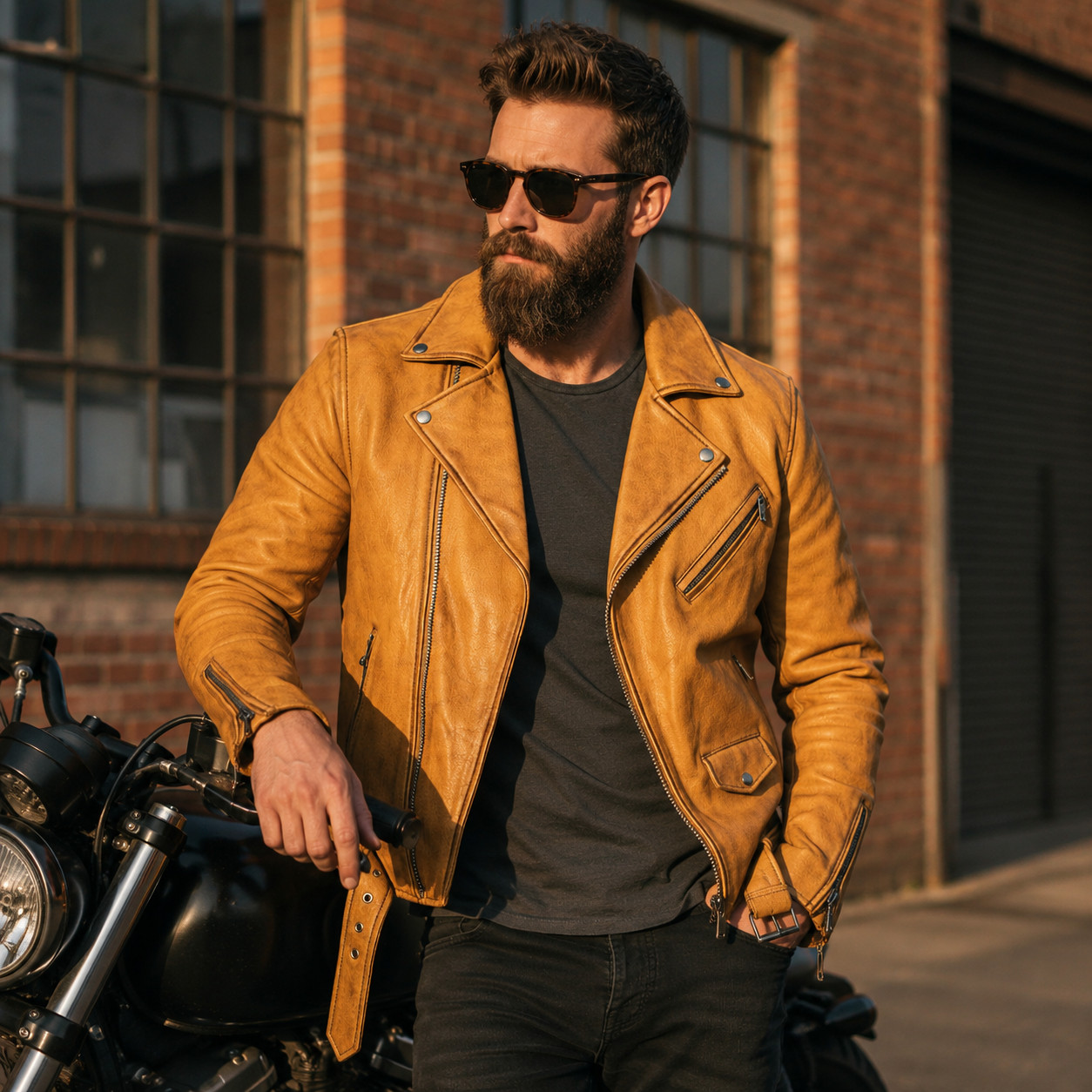 Men’s Mustard Leather Jacket Genuine Sheepskin Moto Biker Jacket Classic Style