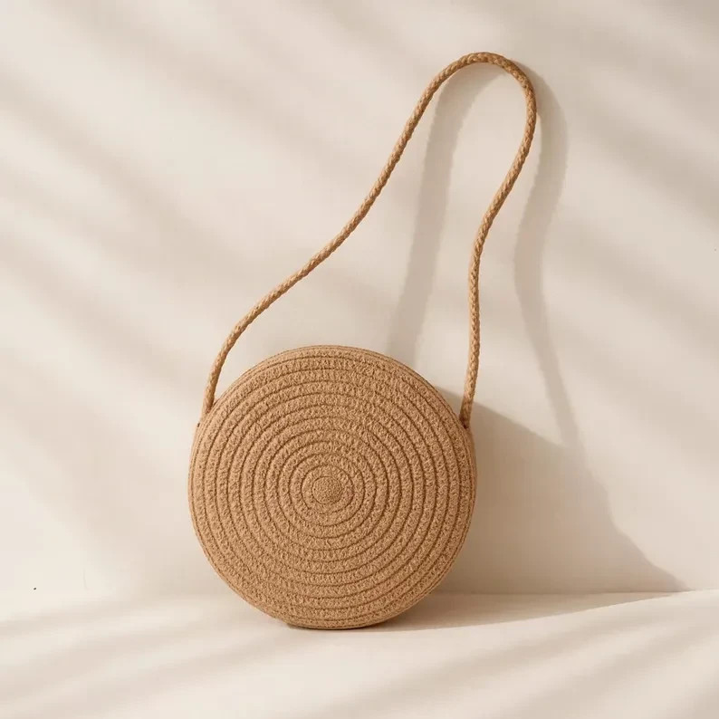 Handmade Woven Round Straw Crossbody Bag, Summer Beach Shoulder Purse for Women