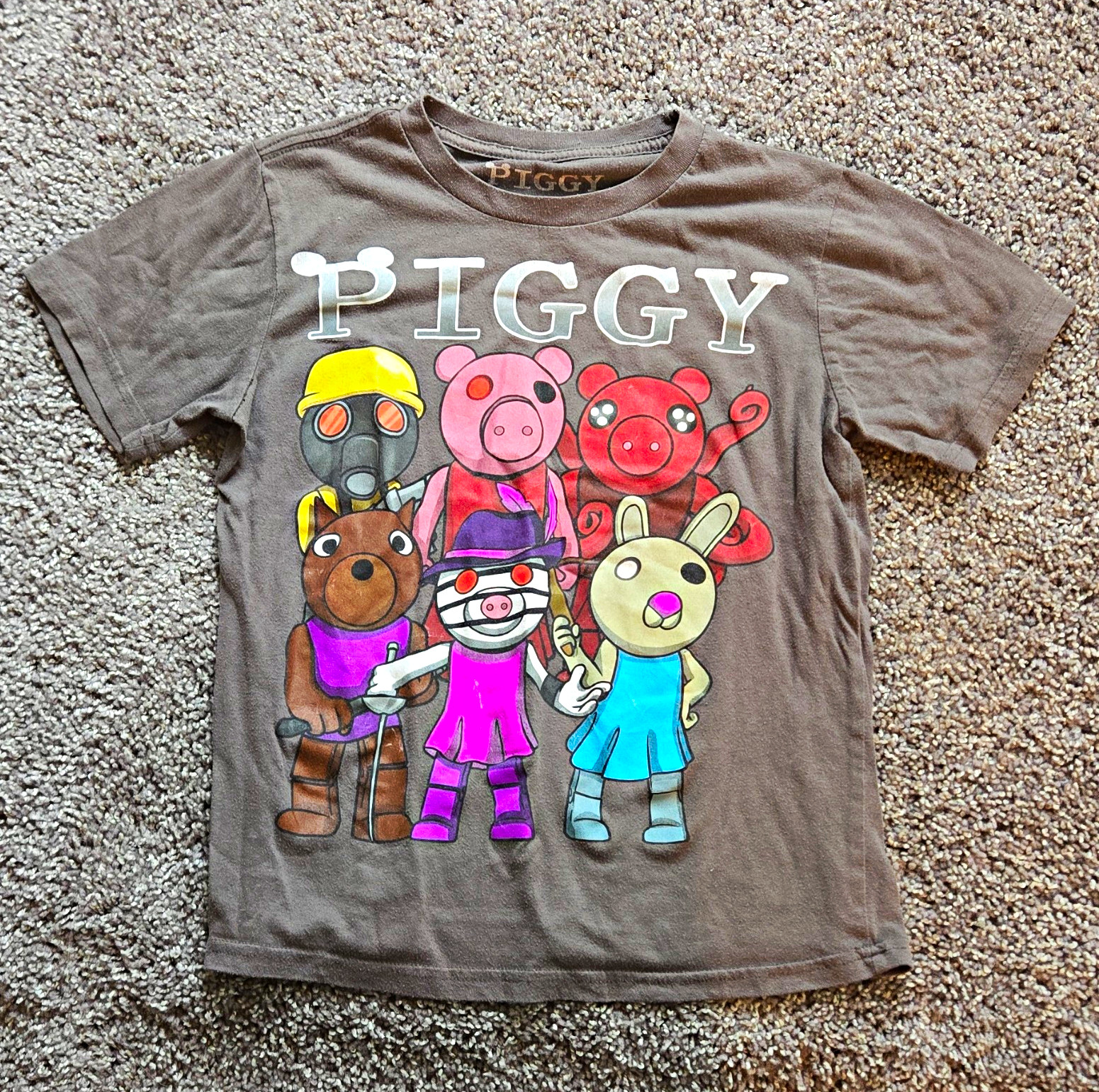 Piggy Unisex Kids M Gray Graphic Print Tagless Crew Neck Short Sleeve Tee