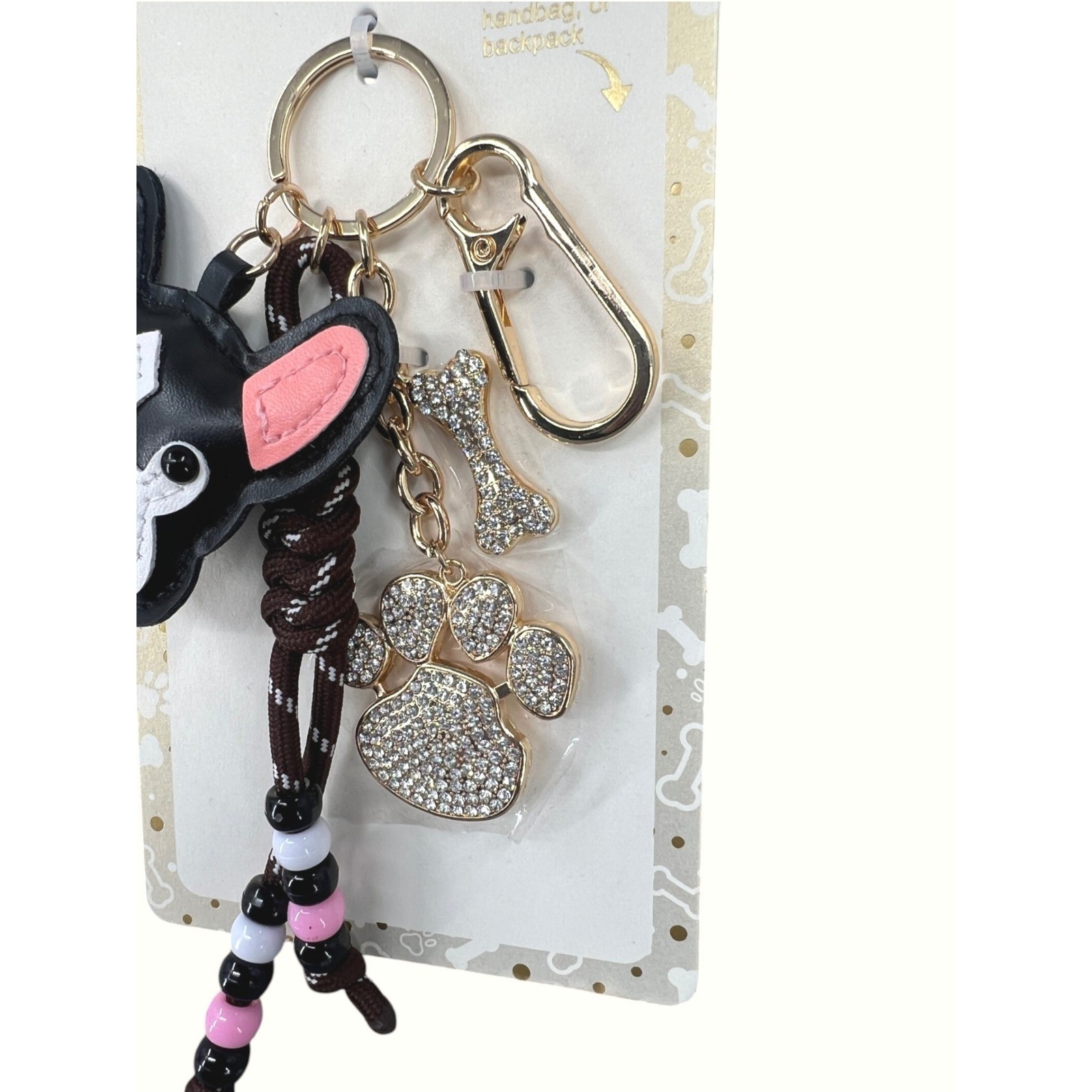 Piper K French Bulldog Bag Charm Keychain Black Gold Glass Stones Bling NEW