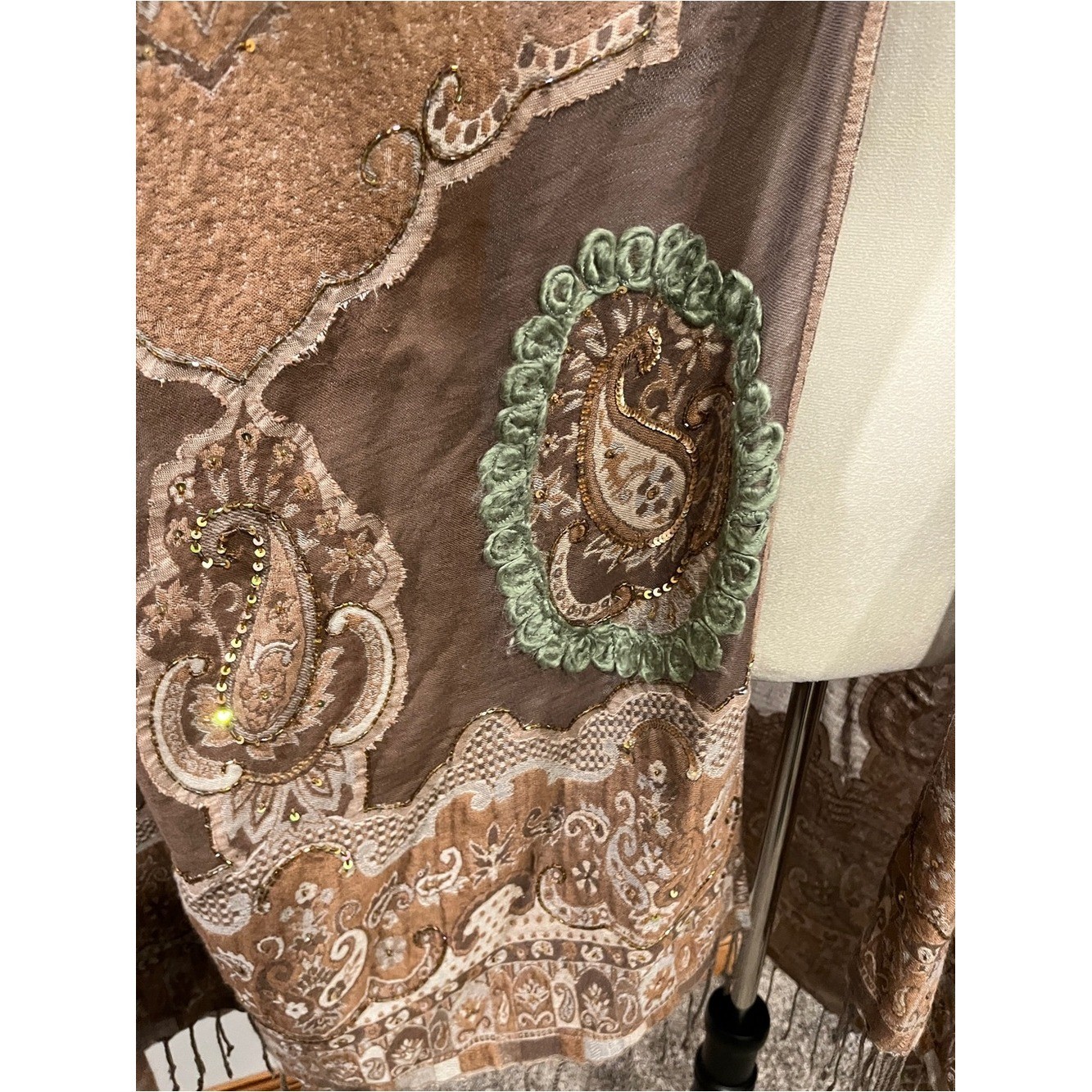 Soft Surroundings Brown Paisley beaded sequins Fringe Kimono