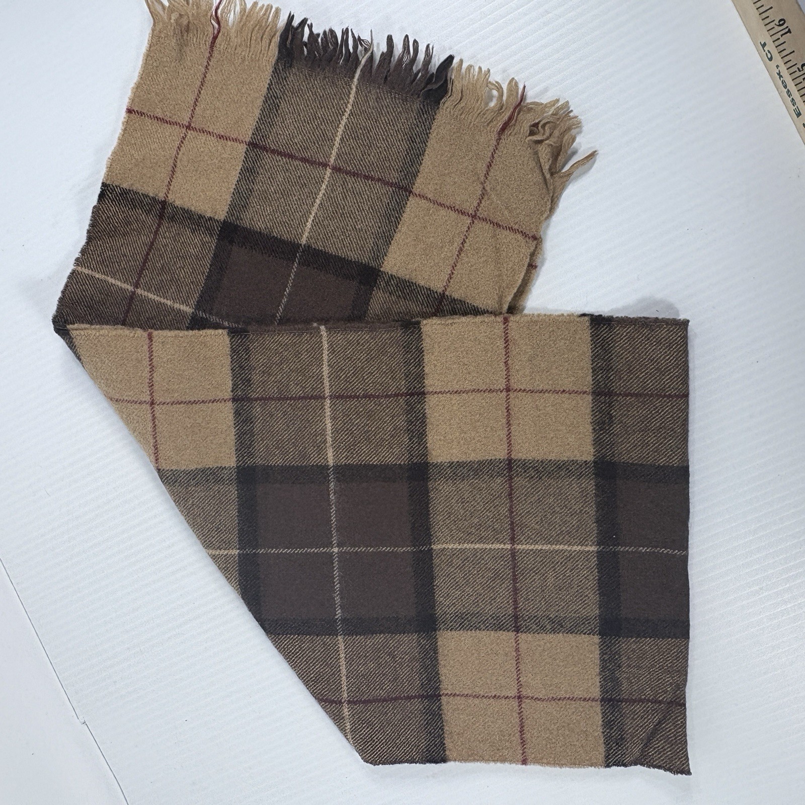 Plaid Wool Scarf Unisex 48 inches x 10 inches Tan Beige White Black Red Fringe
