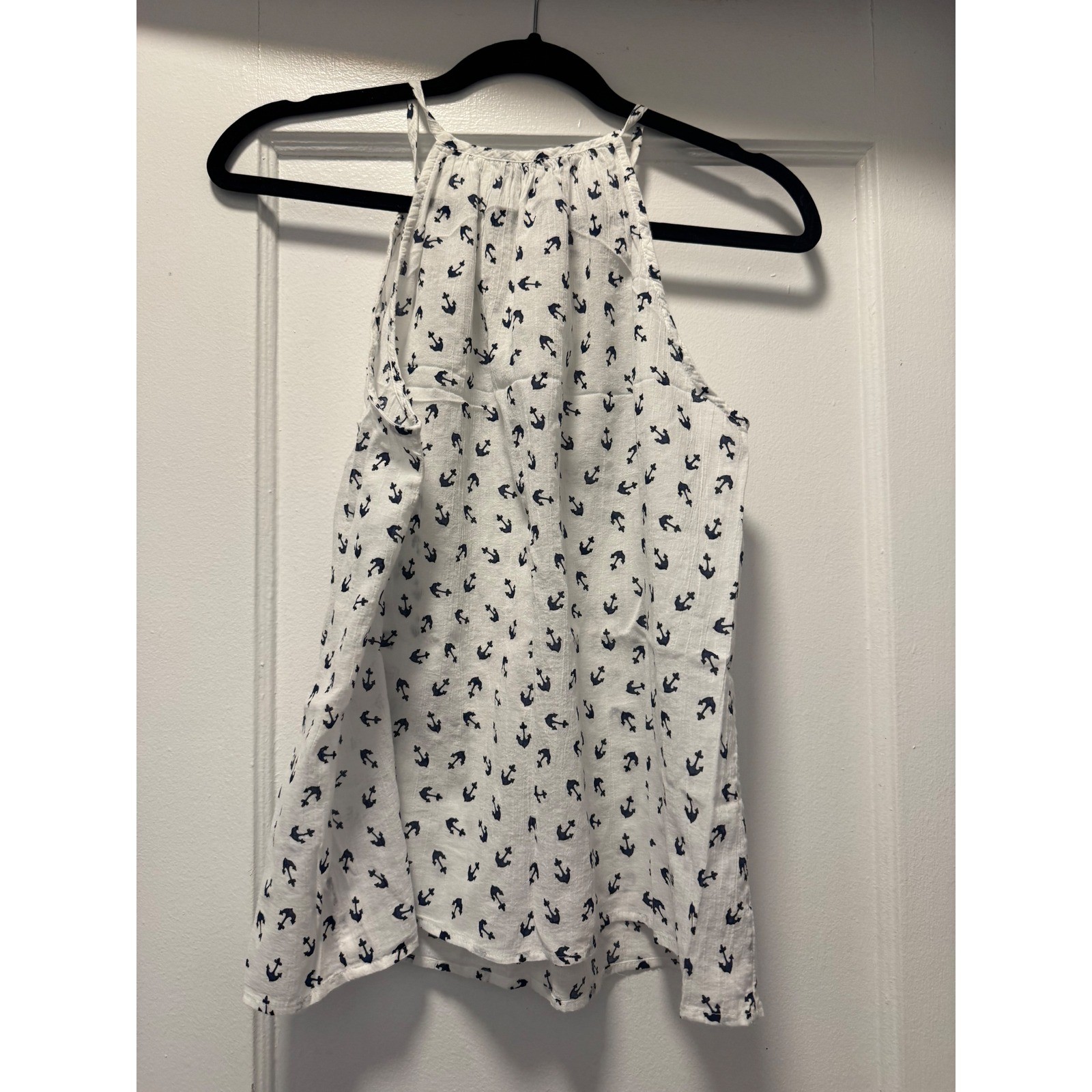 Banana Republic Womens Small White Navy Blue Anchor Print Halter Tank Top Blouse
