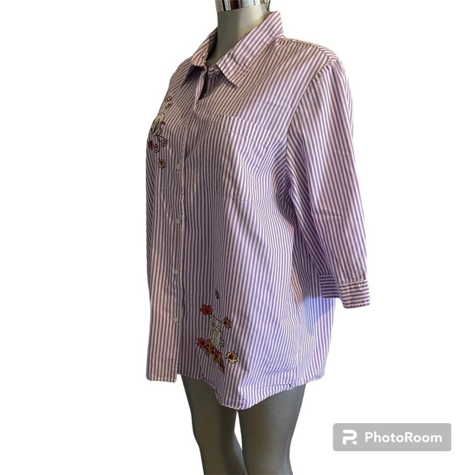 Blair Cat Pinstriped Shirt 3/4 Sleeve Oversized XL Lavender Kitty Leaves Teacher