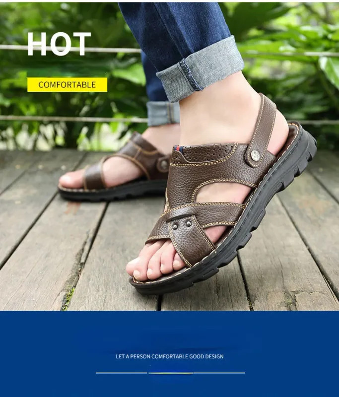 Summer Men Leather Sandals Genuine Leather Non-slip Men Shoes Slippers