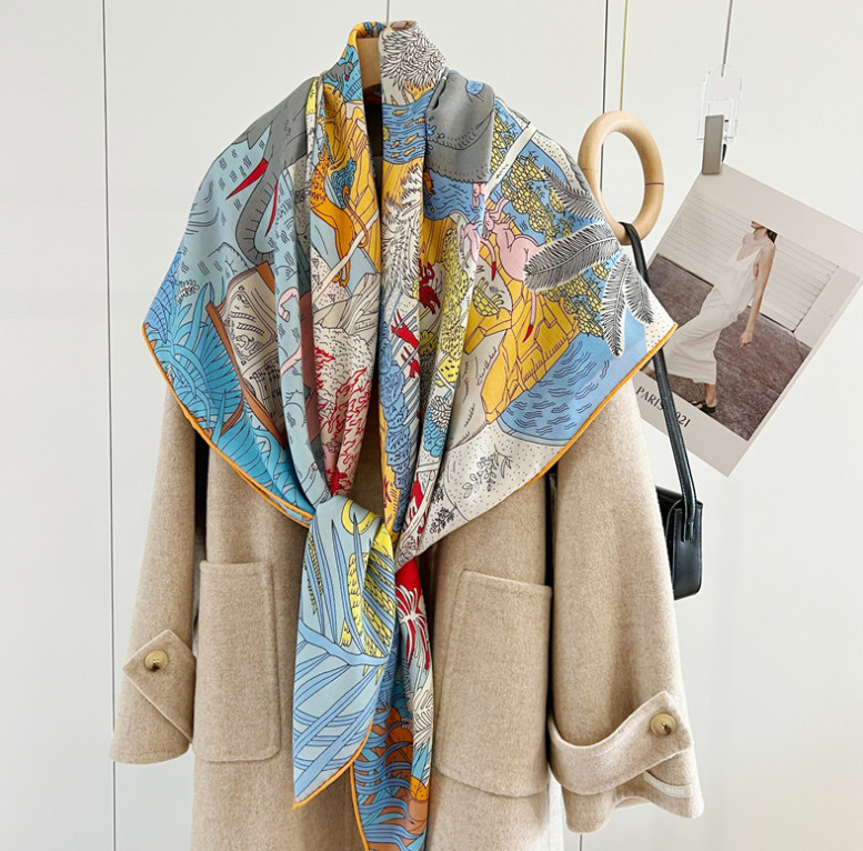 70% Cashmere 30% Silk Wrap Scarf Animal World Print Double Face Print Shawl 53”