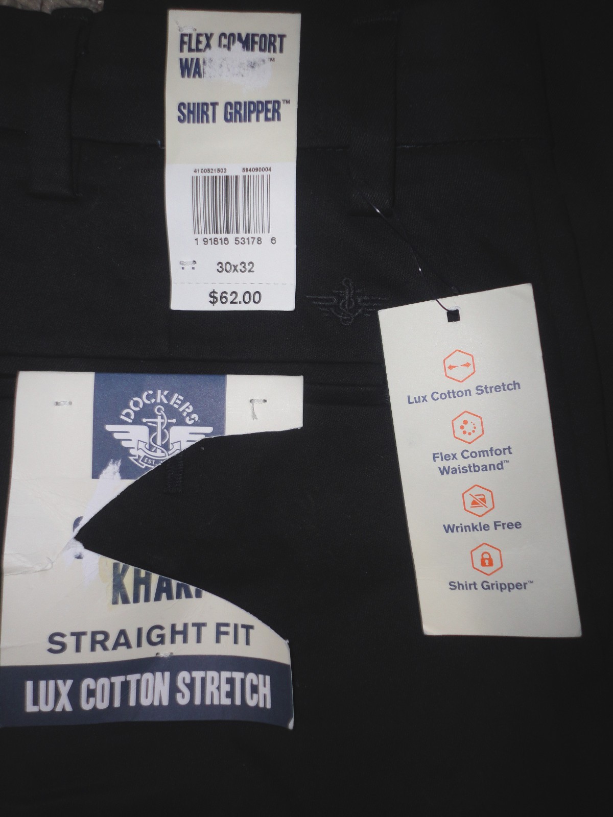 DOCKERS Mens SIGNATURE KHAKI LUX COTTON STRETCH BLACK PANTS~30 X 32~NEW