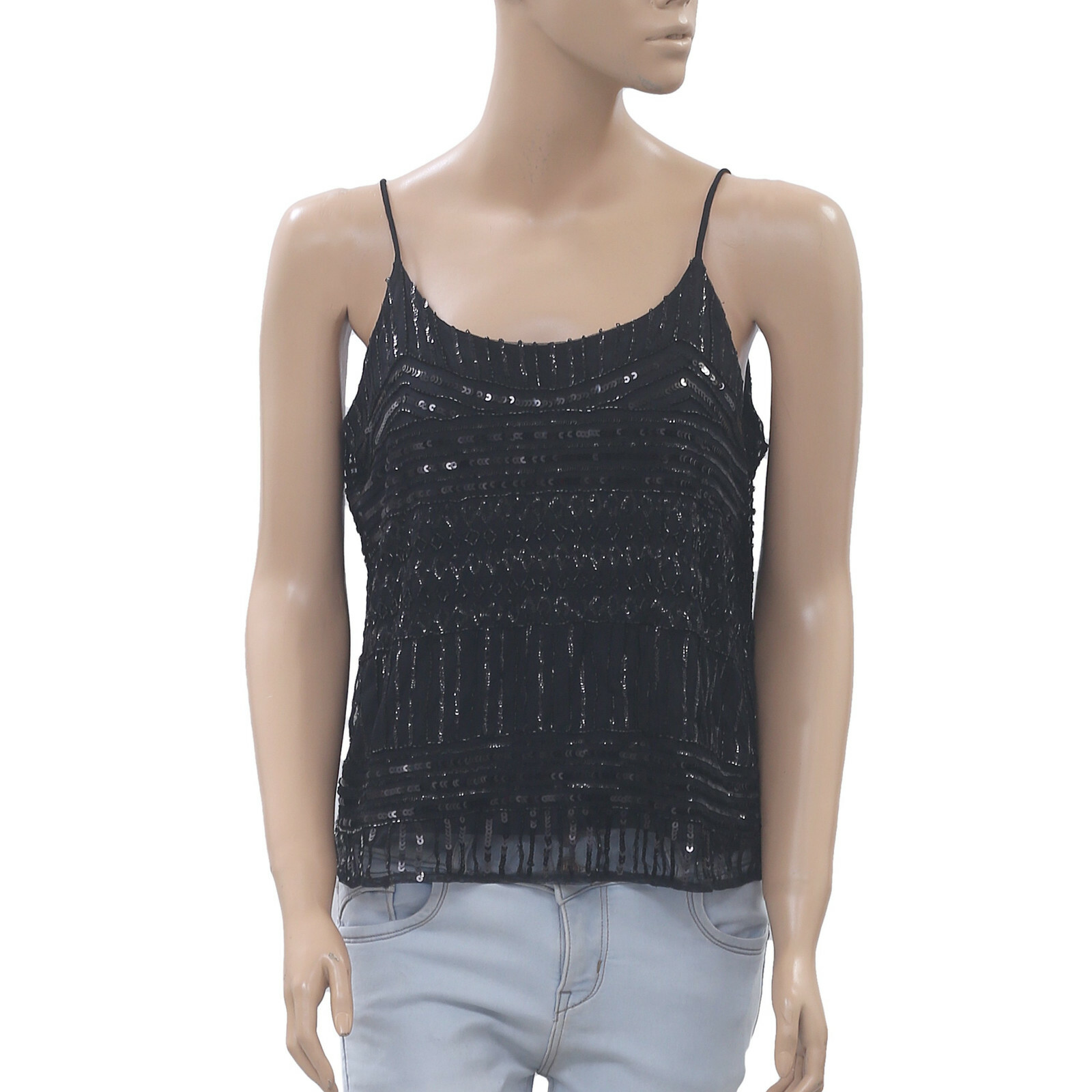 Asos Bead & Sequin Embellished Camisole Tank Blouse Top Black Evening S-P 202512