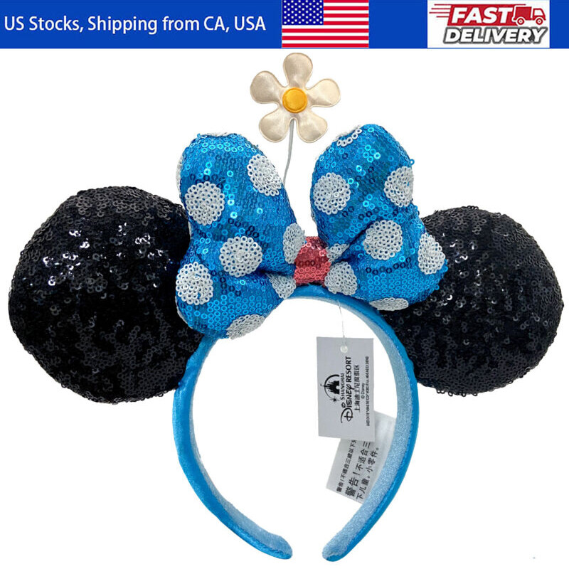 Flower Minnie Ears Hat Disney’s Parks Headband with Blue Bow Sequins Polka Dot