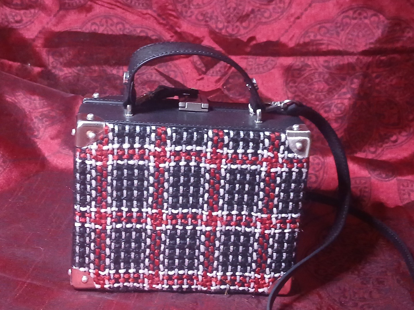 Black Sam Edelman Gracia Plaid Hardcase Crossbody Purse Woven Handbag Tweed
