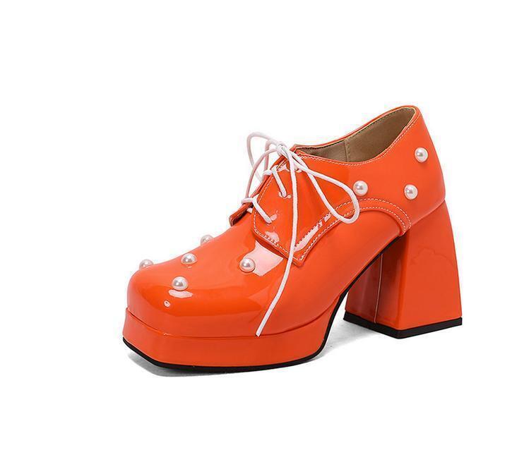 Women Square Toe Beaded Lace Up Pumps Candy Color Mary Jane Shoe Block Heel Pump