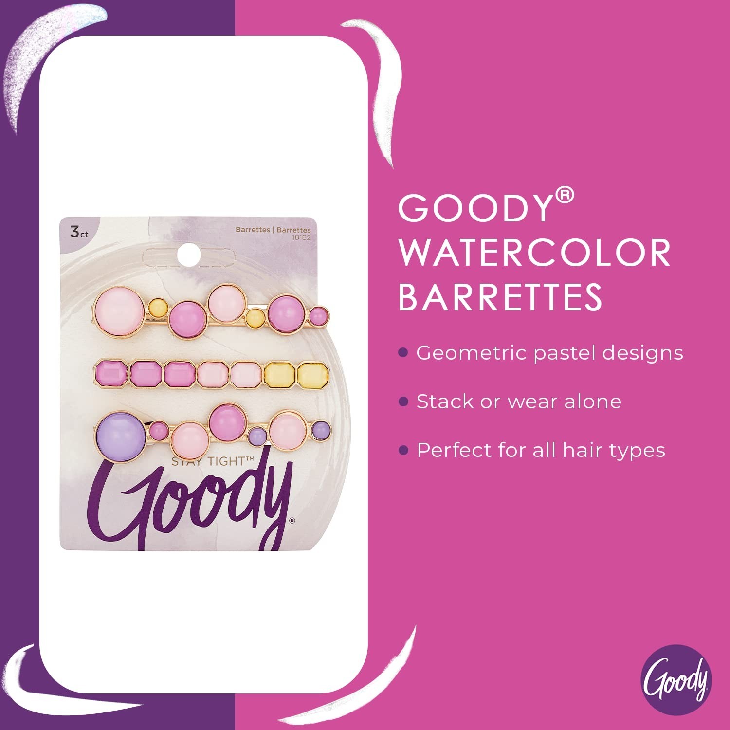 Assorted Watercolor Hair Barrettes – Slideproof, Pain-Free, 3 Count Pack – All H