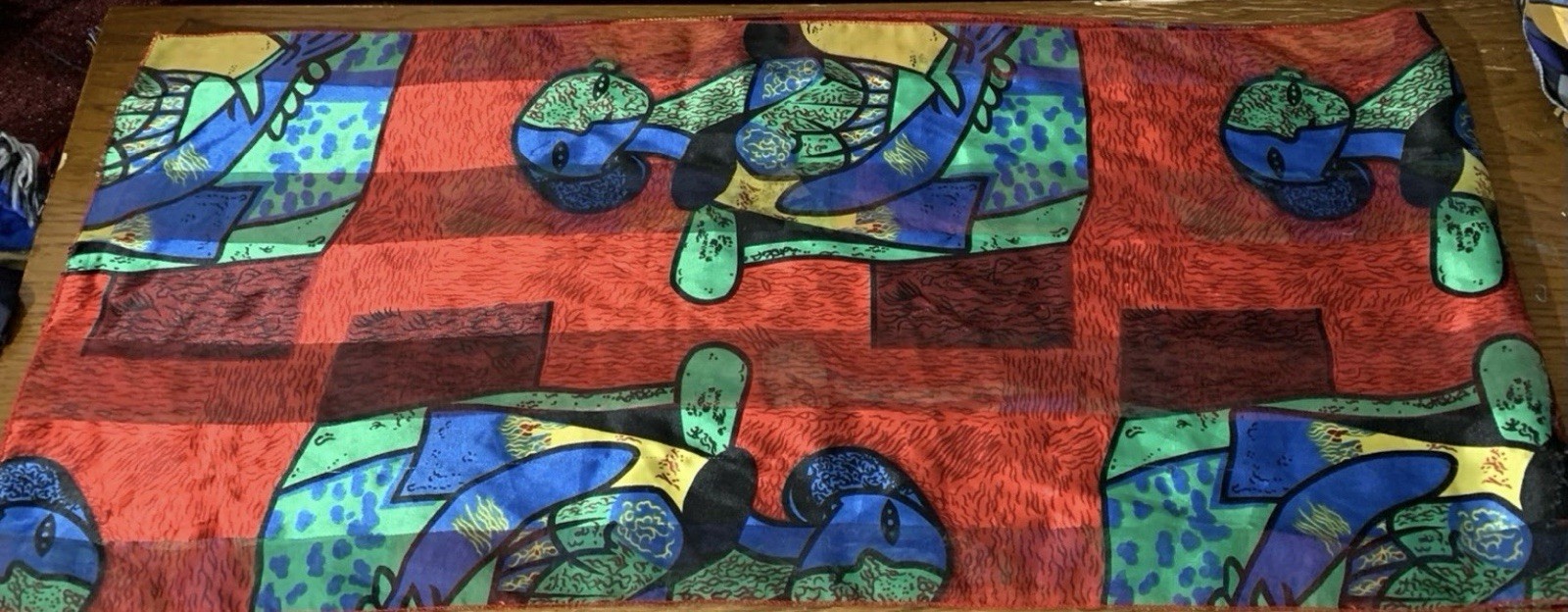 13.5″x60″ Picasso STYLE RED MULTICOLOR POLYESTER HANDROLLED SCARF SHAWL WRAP