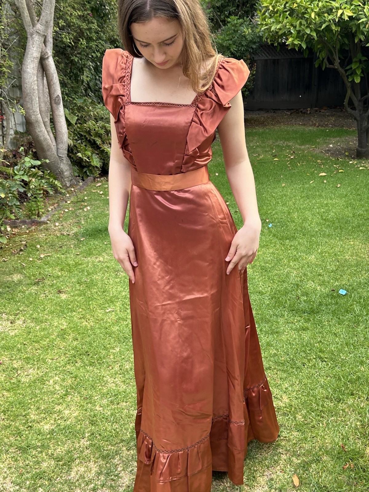 Vintage 40s 50s handmade S Heavy Satin long maxi dress Big Bow
