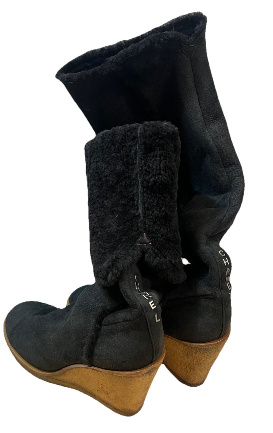 Chanel Boots 40 Wedge Knee High Suede Sherpa Fur Lined Biker Moto Spellout Logos