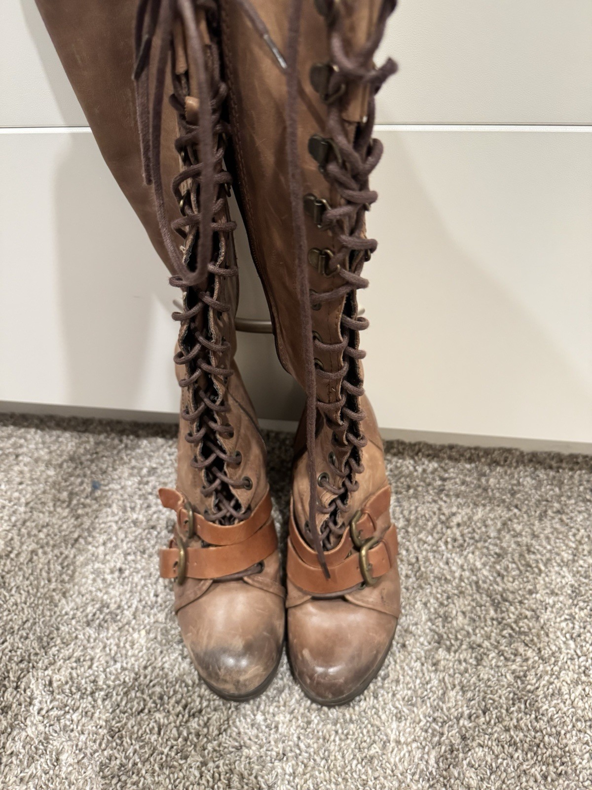 ALDO Women’s Brown Faux Leather Knee-High Riding Boots Round Toe Lace-Up 7