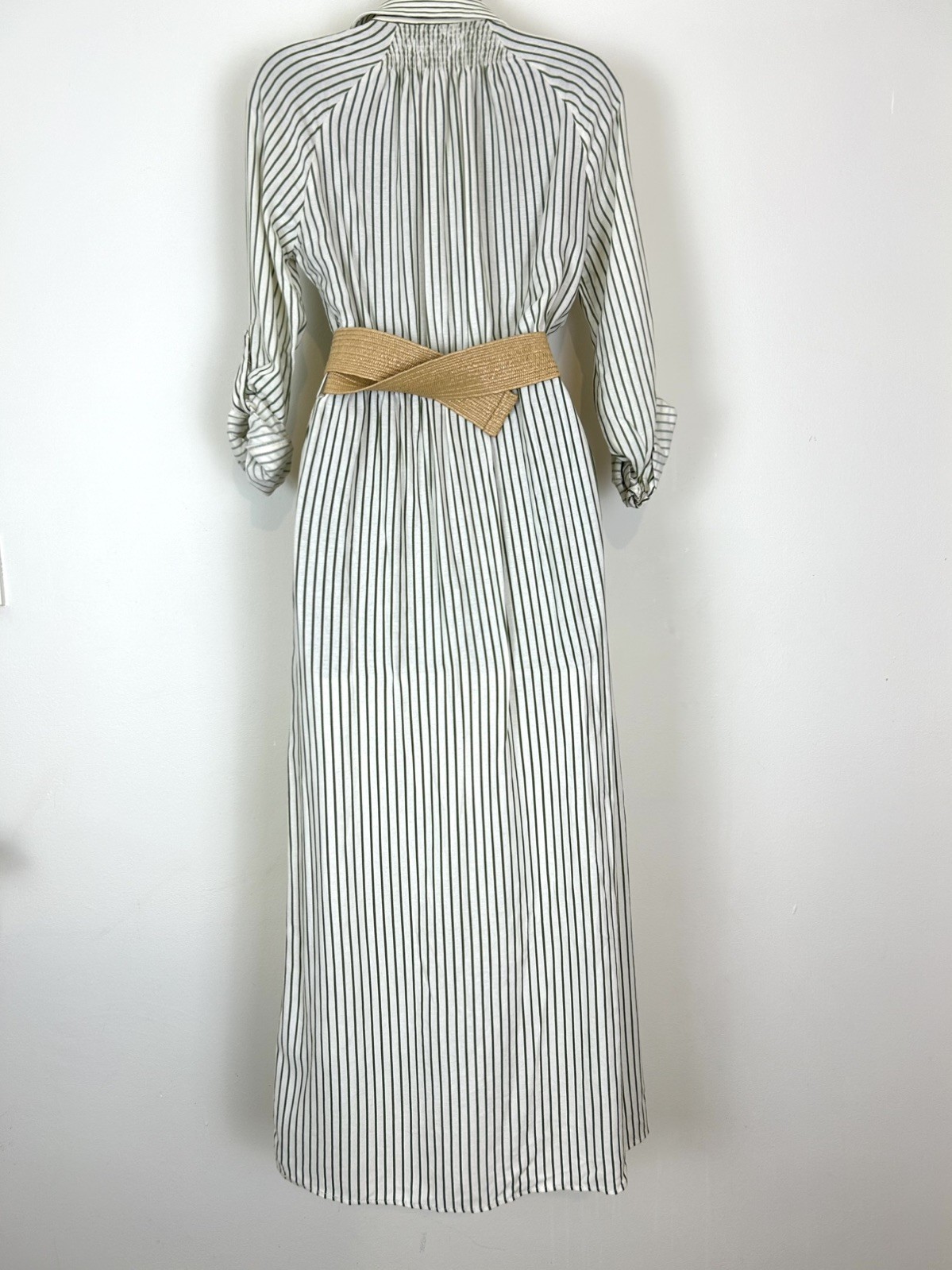 ZARA ECRU KHAKI STRIPED COLLARED LINEN BLEND BELTED SHIRT DRESS SIZE XS #T72