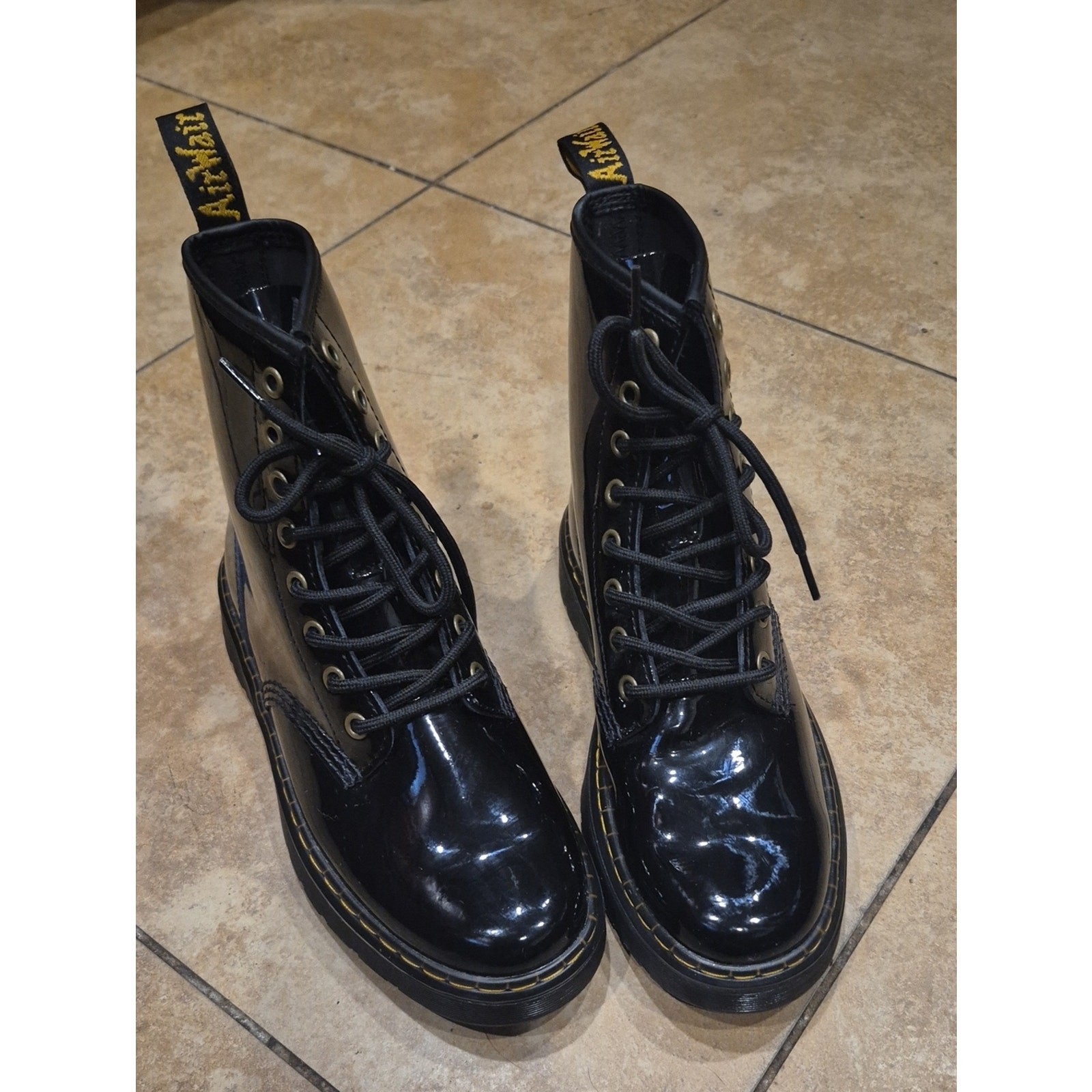 Dr. Martens Black Patent Leather Lace-Up Boots with Yellow Stitching