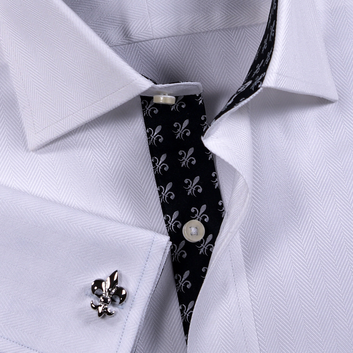 Black Italian Fleur-De-Lis White Heiingbone Twill Men’s Dress Shirt Sexy Floral
