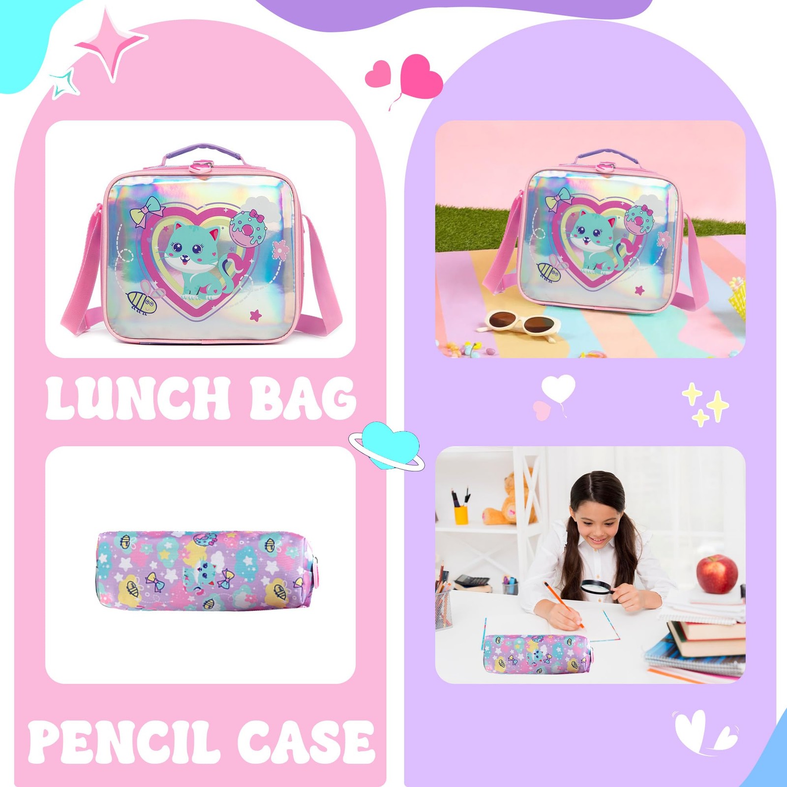 School Backpack for Girls Kids Backpacks for Girls Bookbag with Lunch Box Cat…