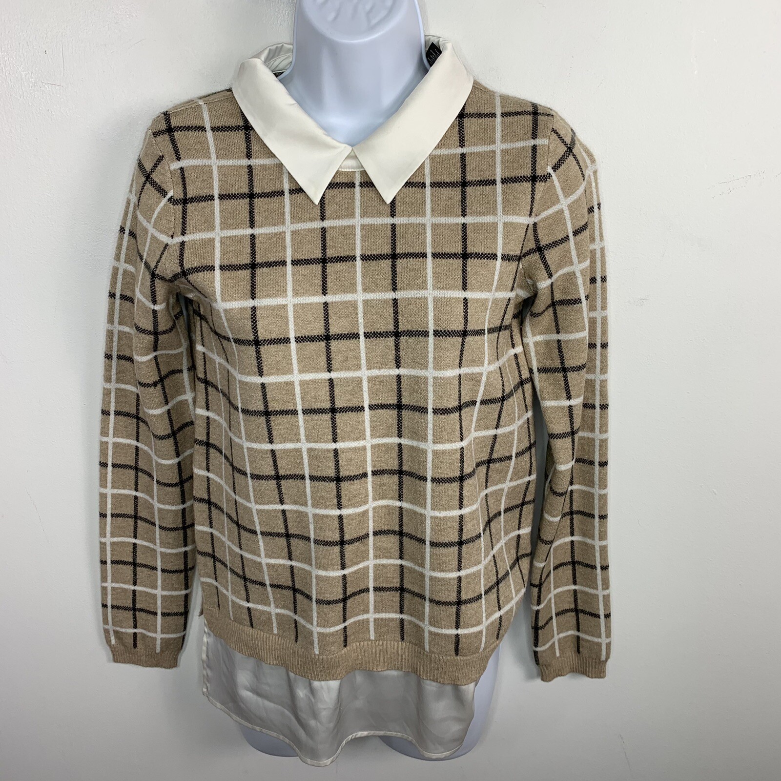 Tahari Sweater sz XS Beige White Plaid Old Money Ivy League Heritage Classic