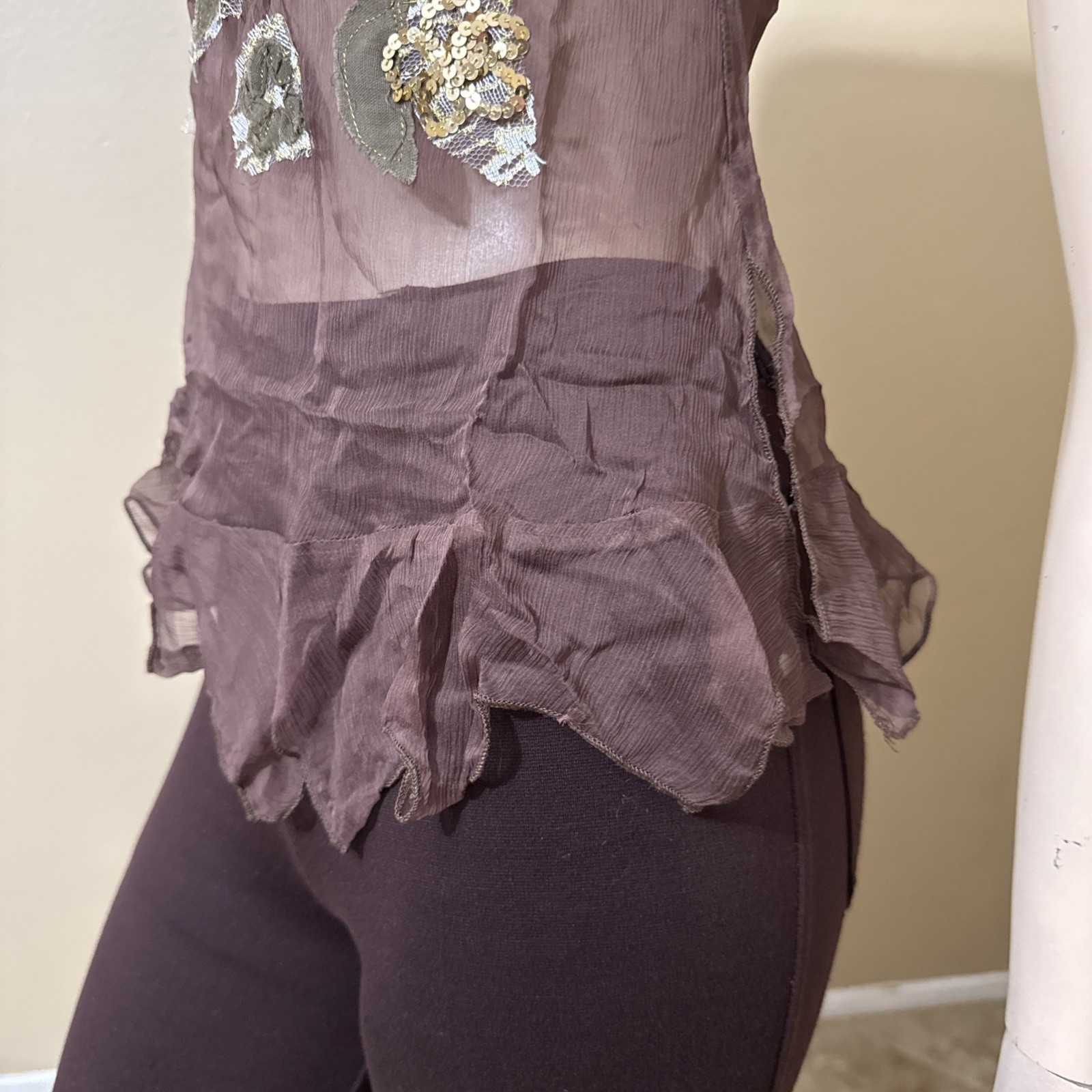 Women’s Brown Silk Casual Summer Sheer Beaded Embroidered Lace Size S Blouse Top