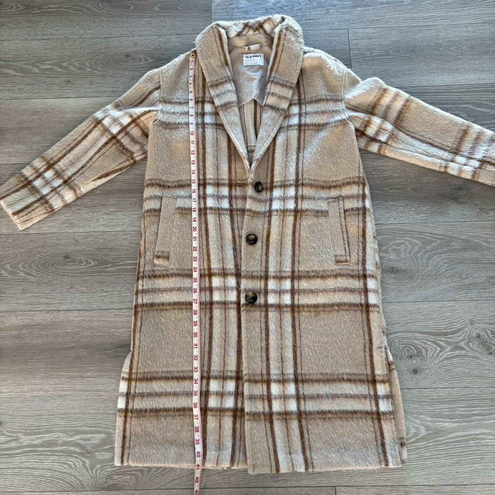 Old Navy Womens Beige White Plaid Button-Front Classic Winter Overcoat Size M