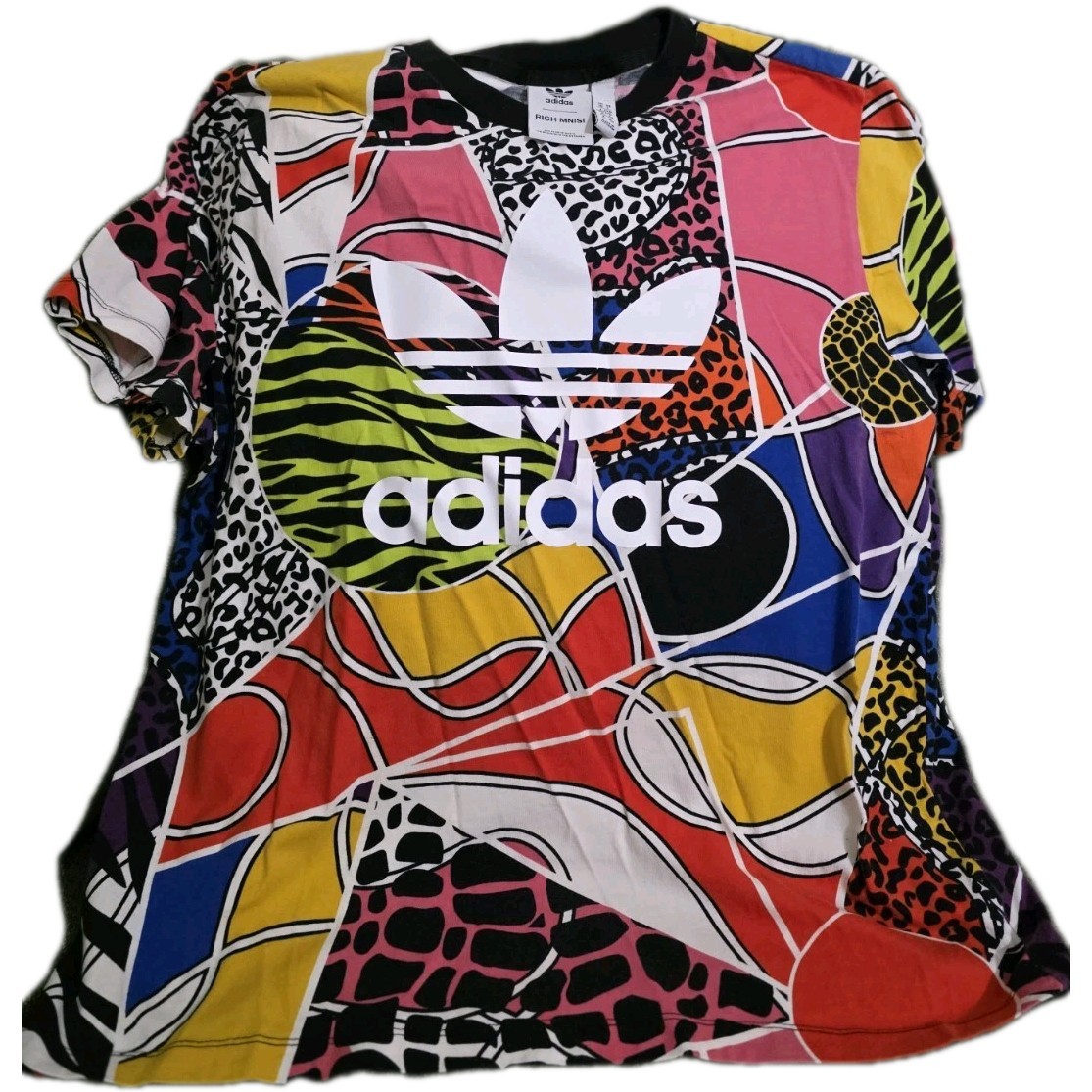 Adidas Shirt Women Large Multicolor Rich Mnisi Animal Print Allover Trefoil Logo