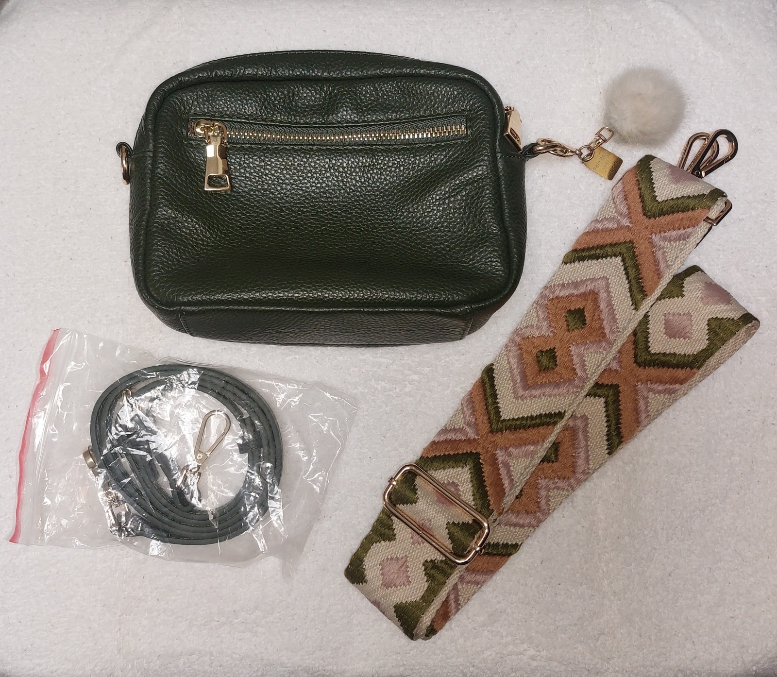 Pom Pom London Original Dark Green Crossbody W/ 2 Straps