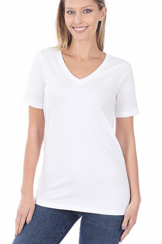 Zenana Plain Short Sleeve T Shirt V-Neck Top Stretch Cotton Tee Women Loose Fit