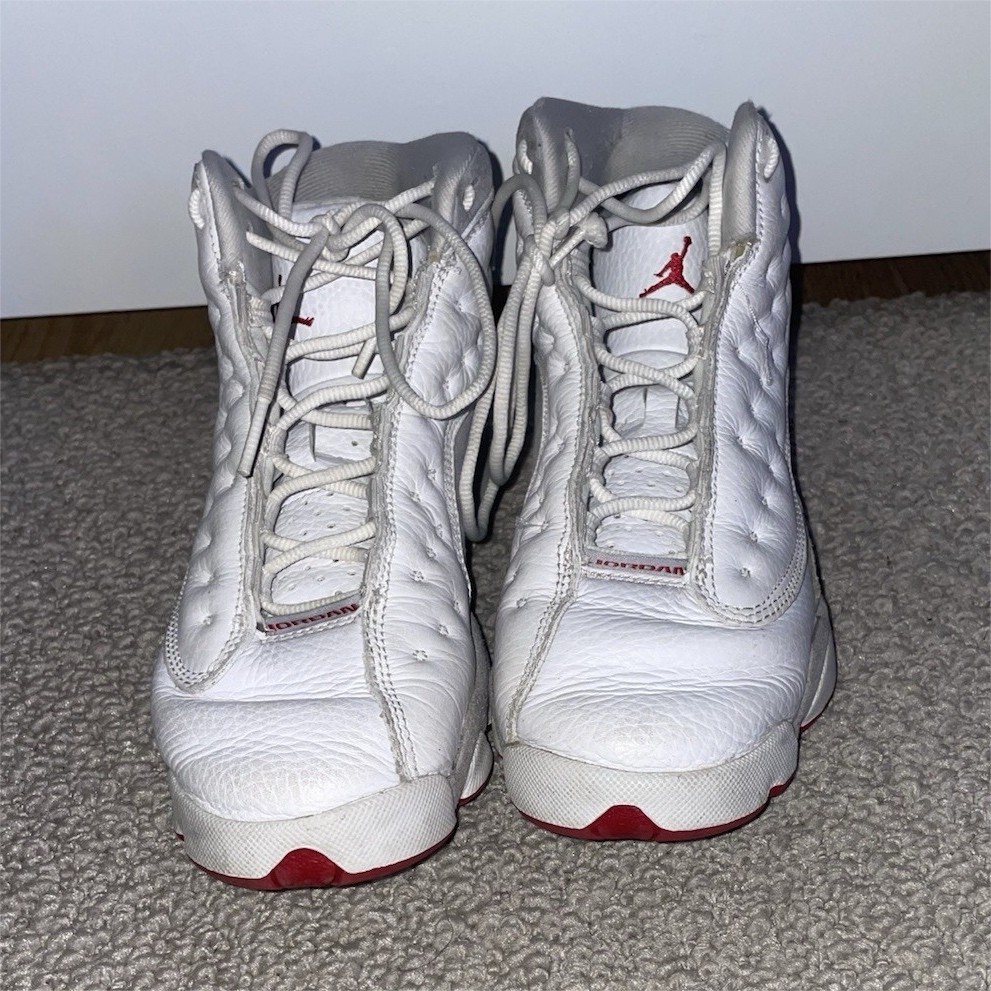 Jordan Air Jordan 13 Mid Top Leather Lace-Up Basketball Sneakers White Gray Red