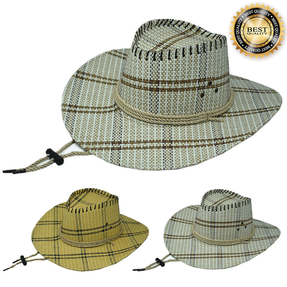 Summer Sun Bucket Cap Western Cowboy Hat Fedora Linen Solid Straw Wide Brim