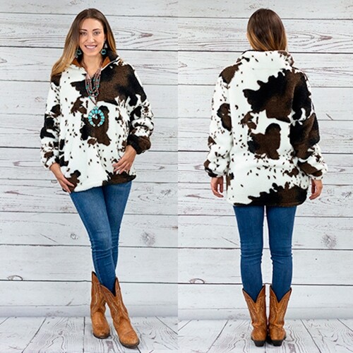 THE ESADOWA COWPRINT FLEECE/SHERPA PULLOVER BRAND NEW POLYESTER/SPANDEX MACHINE