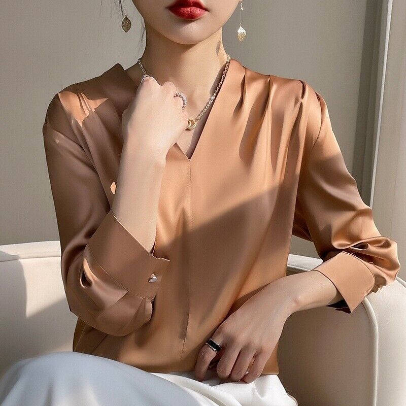 HOT Mulberry Silk Long-sleeved Shirt Women’s Morning Satin Chiffon V-neck Top