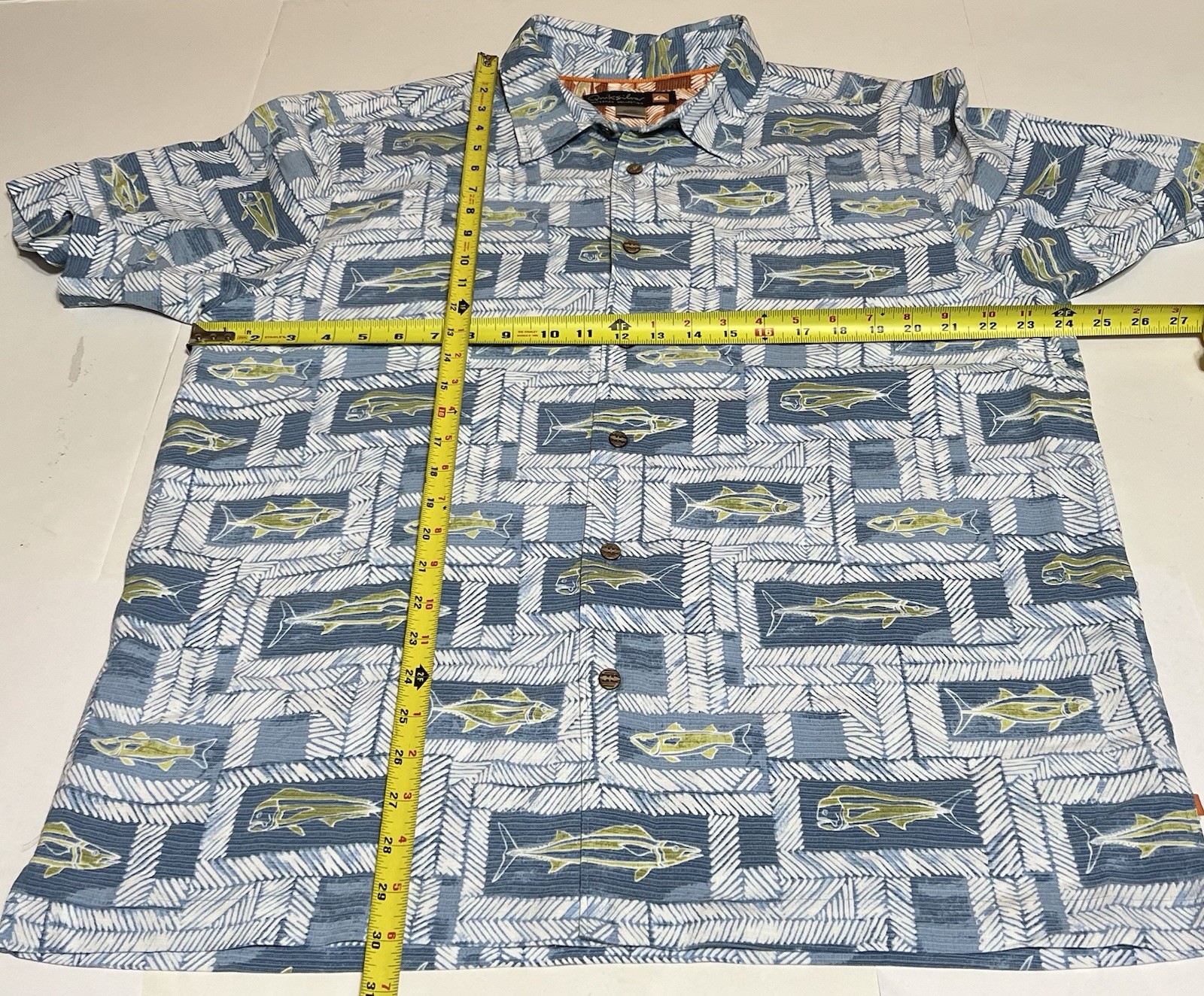 Quicksilver Waterman Shirt Men XL Blue Fish Tribal Print Beach Outdoor