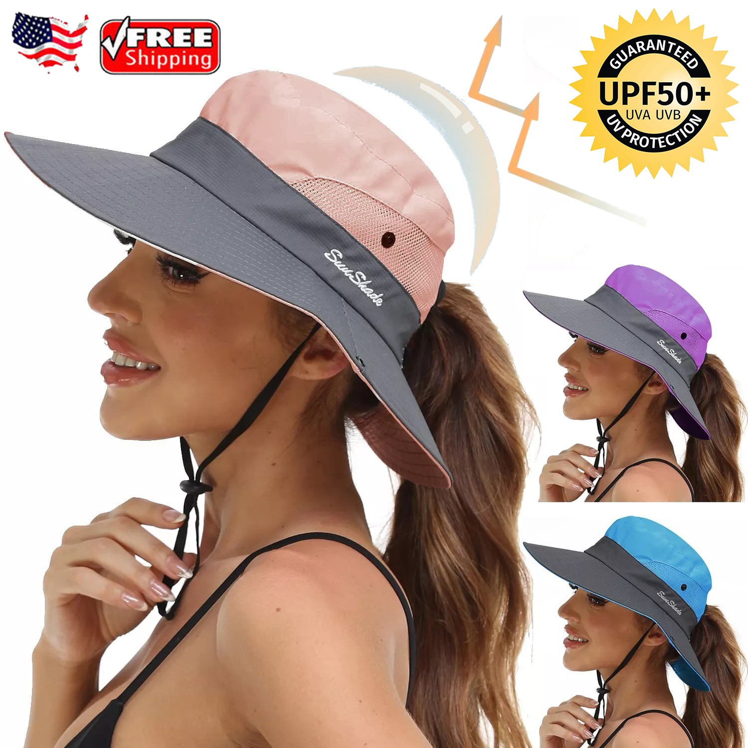 Women’s Summer Bucket Hat Travel Boonie Ponytail Wide Brim Sun UV Protection Cap