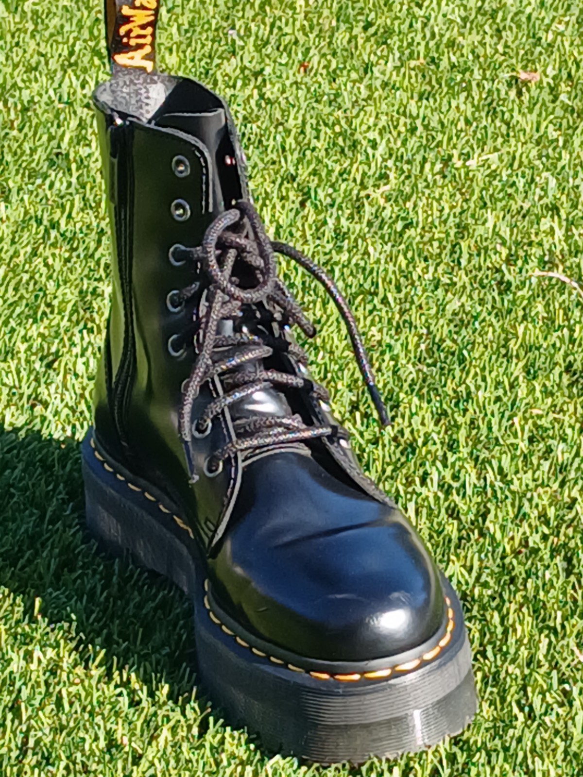 Dr. Martens Black Leather Platform Lace-Up Side Zip Boots + Cream