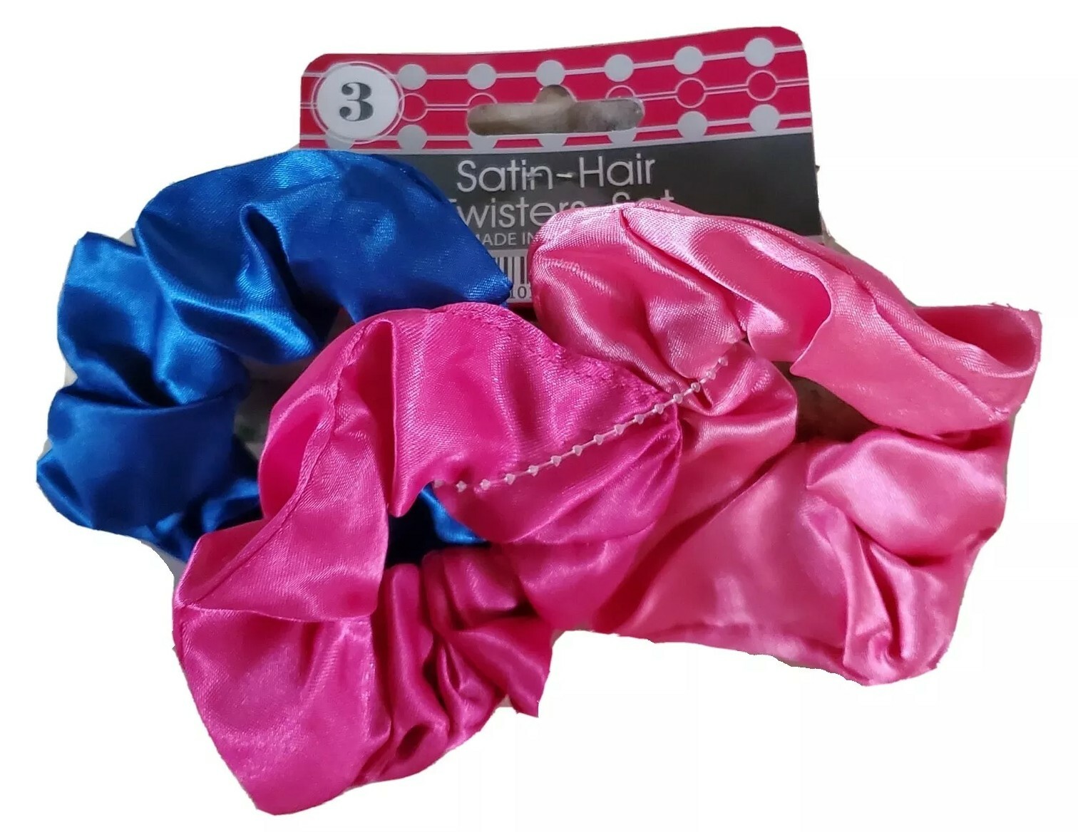 Fabric Ponytail Holders Round 3 Pack Blue Pink Satin Hair Twisters 80s Scrunchy