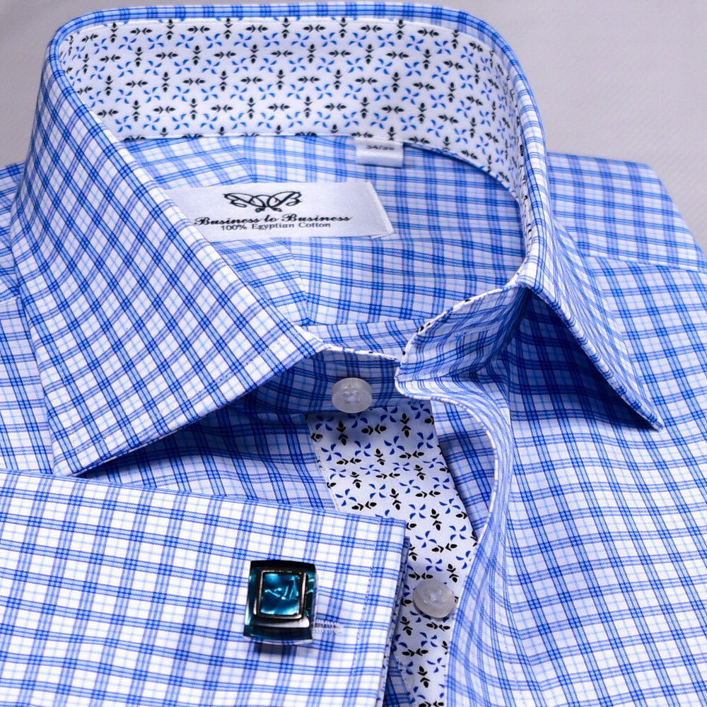 Light Blue Checkered Formal Business Shirt With Floral Inner Lining Top Quality