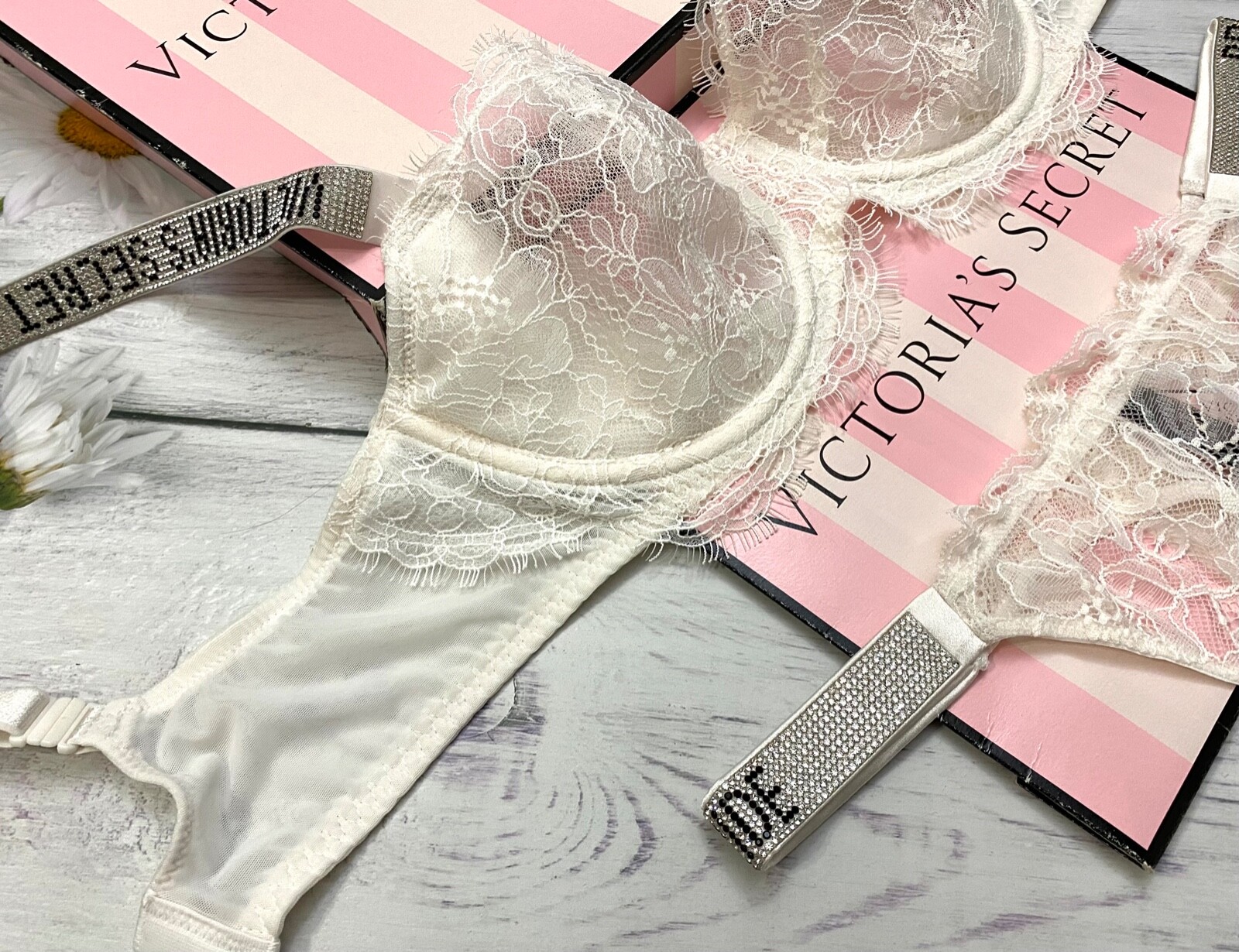 Victoria’s Secret Wicked Shine Strap Bra Thong Set Very Sexy Lace White “Bride”