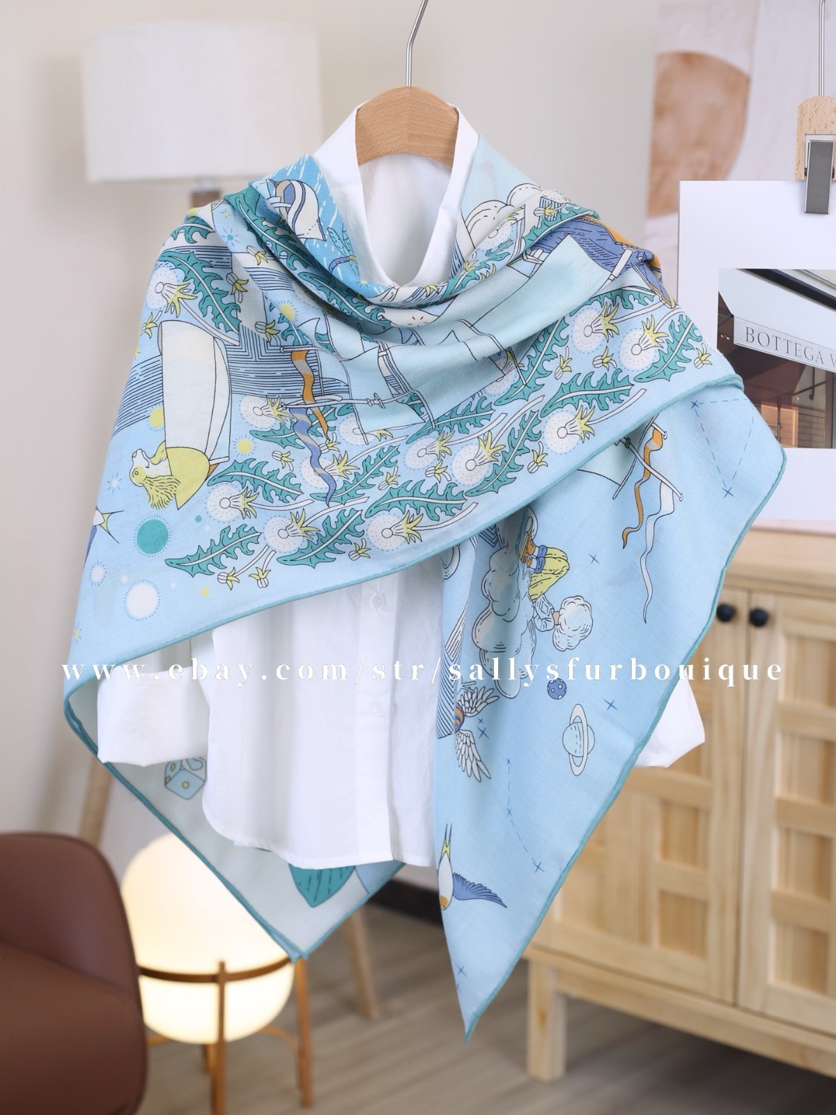Sallys 70% Cashmere & 30% Silk Wrap Scarf Boat Print Double Face Shawl 53″ Blue