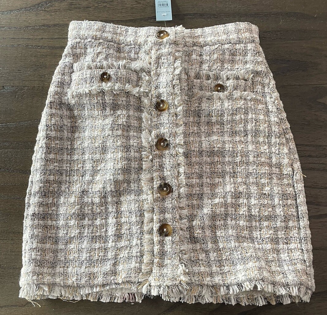 NWT Ann Taylor Beige White Combo Shirt XS And Plaid Sz 2 Tweed Skirt