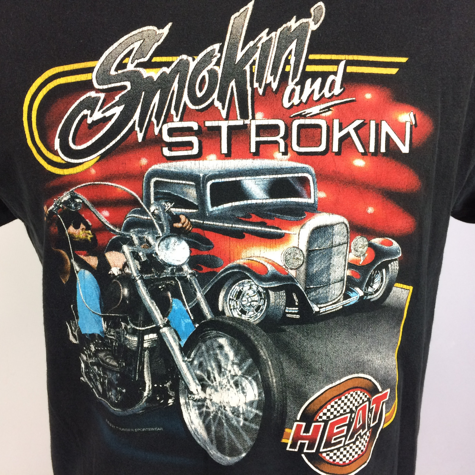 Vintage 80s 90s Smokin Strokin Car Distressed Black Motorcycle Trucker T Shirt